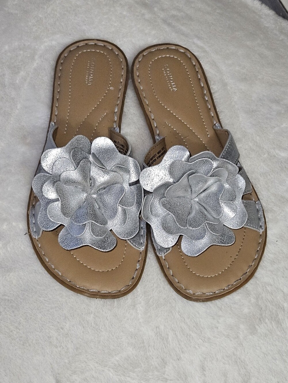 Silver Floral Slide Sandals 6.5